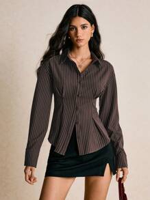 Poéselle 女士衬衫，后腰系带，纽扣闭合，棕色条纹衬衫，长袖休闲衬衫，女士休闲通勤条纹束腰长袖纽扣衬衫，秋季上衣，女士秋季服装，女士冬季服装，女士冬季外出上衣，Y2K复古风，女士纽扣衬衫，女士基础款上衣，教师衬衫 - 棕色 - 查看 1