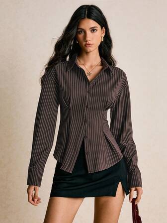 Poéselle Randig damskjorta med lång ärm och knappar fram för pendlare, avslappnad passform