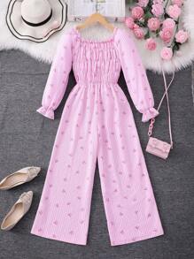 Mädchen Tween Jumpsuit mit Schleife, Streifen-Allover-Muster, Rüschenärmeln, Taillenbindung - Pink - Übersicht 2