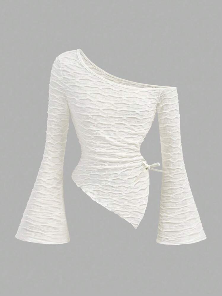 Tween Girl Drawstring Asymmetrical Hem Knitted Texture Jacquard Flared Sleeve T-Shirt, Fall Halloween Comfortable Top, Back To School Season, Christmas,Girls' One-Shoulder Tops, Long-Sleeved Tops, Autumn Tops - Beige - View 1