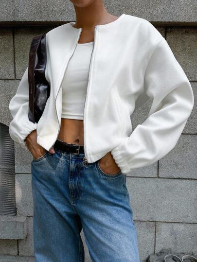 Solid Color Casual Minimalist Faux Pocket Front Open Round Neck Long Sleeve Jacket Fall Winter Cloth For Women