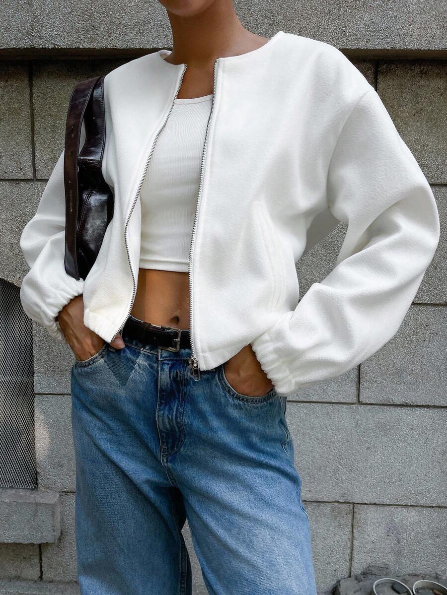 女款純色休閒極簡風假口袋前開襟圓領長袖外套,秋季日常穿搭白色布料 - 杏色 - 查看 1