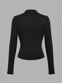 Sweetra Maglietta casual a maniche lunghe, slim fit, comoda, con collo a giro, tinta unita, per donne taglie forti - Bianco e nero - Visualizzare 17