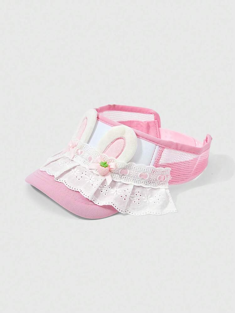 ROMWE Kawaii 1 件粉色和白色可爱蝴蝶结蕾丝兔耳装饰棒球帽，适合女士，简约露顶太阳帽 - 粉色 - 查看 2