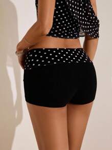 Opulessa Shorts de verano de mujer con diseño de lunares y parches, de talle bajo y sexy - Negro - Ver 2