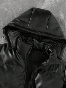 PAVTROS Manfinity Streetrush Men's Fashionable Versatile Solid Color Hooded Jacket, Winter Puffy Jacket Men Men Outerwear Bubble Coat Men Men Puffer Jacket Faux Leather Puffer Jacket Men Hooded Puffer Jacket , Fall