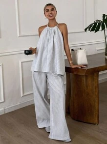 DAZY Women's Casual Striped Halter Sleeveless Top And Wide Leg Maxi Pants 2 Pieces Set - White - View 6