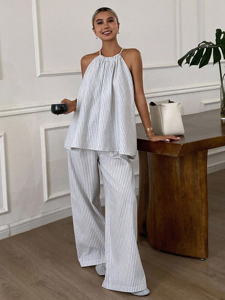 DAZY 女式休闲条纹吊带无袖上衣和阔腿长裤两件套 - 白色 - 查看 6