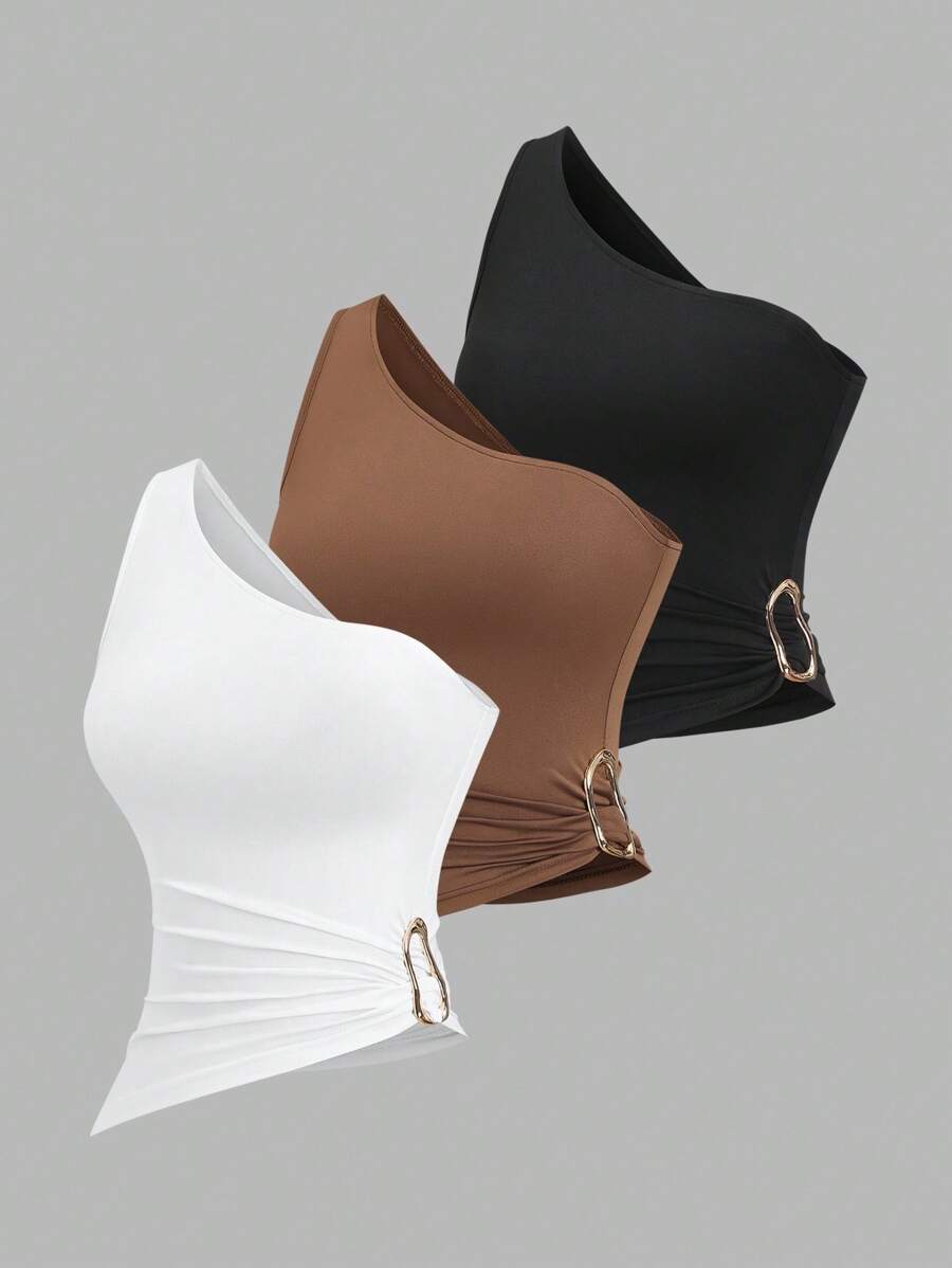 Sweetra Nouveau ensemble de blouse femme printemps/été asymétrique avec col asymétrique, boucle métallique décorative sur une seule épaule, convient pour les vacances à la plage