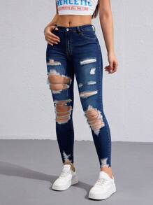 Jeanoix 女式口袋破洞紧身休闲牛仔裤 - 深色水洗藍 - 查看 3