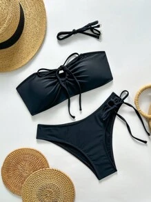 Swim Basics 2pcs Baju Renang Wanita Musim Panas Rajut Warna Polos dengan Tali Serut dan Simpul - Hitam - View 4