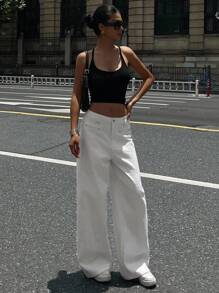 DAZY 女士小众提花牛仔裤，宽松直筒阔腿裤，垂坠长裤，高腰休闲裤 - 白色 - 查看 5