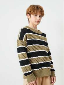 SHEIN Explorewe Suéter de cuello redondo con rayas gruesas para niños preadolescentes, verde militar, negro y blanco, adecuado para uso al aire libre, casual y en el hogar - Verde militar - Ver 7