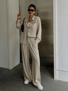 DAZY 2 Stücke Damen Lässig Vintage Münzen Muster Langarm Top und Weite Bein Hose Set Loungewear für Frauen - Aprikosenfarben - Übersicht 7