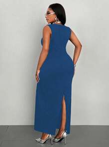 Maweii 大码休闲方领收腰修身吊带背心连衣裙 - 寶藍色 - 查看 2