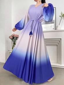 Seusyu Váy cổ chữ V in họa tiết ombre lãng mạn thanh lịch dành cho nữ - Nhiều màu - Xem 4