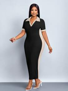 SOLERSUN “女式大码夏季休闲优雅简约基本款新款翻领V领短袖修身长裙黑杏色针织面料中长连衣裙” - 黑色 - 查看 1