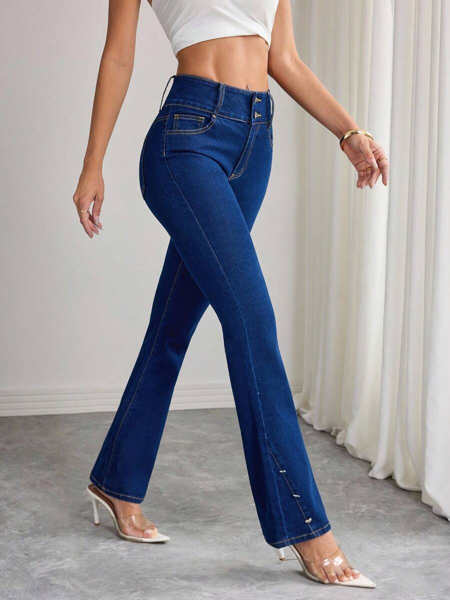 Elenzga Quần ống loe denim cài nút dành cho nữ - Rửa tối - Xem 1