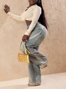 Slaydiva 大码女式宽松口袋阔腿休闲百搭牛仔裤