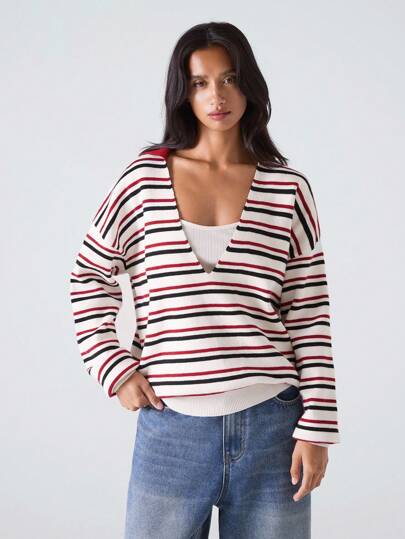 LYSMO Áo len dệt kim dáng rộng cổ chữ V sọc đơn giản phong cách tối giản 2025 mới dành cho nữ, dành cho giáo viên, phù hợp với sân bay và du lịch, đi chơi, trở lại trường, tốt nghiệp, dạo phố, phong cách Grunge và Punk Chic, Y2K và Stockholm, phụ nữ cá tính và độc đáo