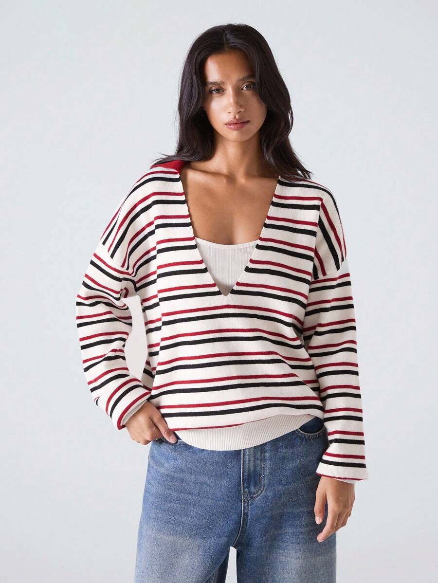 LYSMO 2025 Nuevo Llegado Minimalismo Otoño Mujer Casual Suéter Holgado de Punto con Cuello en V a Rayas para Maestras, Aeropuerto y Viajes para Mujeres para Salir, Volver a la Escuela, Graduación, Ropa de Calle, Grunge y Punk Chic, Estilo Y2K y Estocolmo, Mujer Audaz y Única