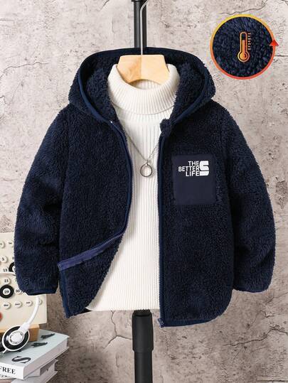 SHEIN 1pc Young Boys Casual Hooded Fleece Jacket,Suitable For Daily Wear,School,Outings,Sports,Autumn/Winter Season,Boys Winter Jacket,Fall Fleece Coat