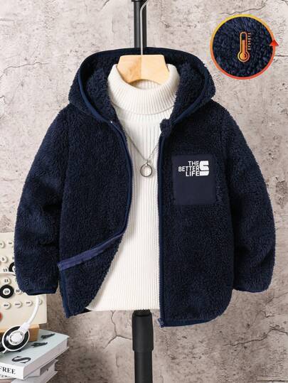 SHEIN 1pc Young Boys Casual Hooded Fleece Jacket, Suitable For Daily Wear, School, Outings, Sports, Autumn/Winter Season Boys Fleece Jacket Boys Hooded Jacket Boys Winter Jacket Fall