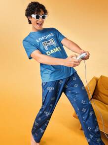 Notgurli 3pcs Men's Letter Print Short Sleeve Round Neck Top And All-Over Print Bottom Homewear Set - Royal Blue - View 3