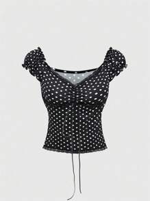 ROMWE Kawaii V 领蝴蝶结装饰拼色波尔卡圆点蕾丝拼接无袖上衣和裙子，迷人百搭夏季两件套女裙