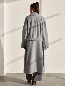 CLARA VERO Women's Solid Color, Belted, Long Overcoat - Grey - View 2