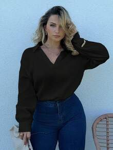 Jeta Ari Solid Color Texture Long Sleeve Shirt With V-Neck - Black - View 5