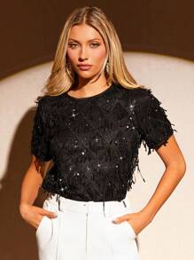 Amorya Blusa casual semplice da donna con collo rotondo e maniche corte decorata con paillettes