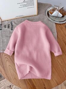 SHEIN LMoss Kids LMoss Baby Girl Cute Minimalist Beige Long Sleeve Sweater Dress, Autumn/Winter Baby Girl Pink Sweater Dress Winter Baby Girl Dress Toddler Girl Pink Dress Baby Girl Long Sleeve Dress Pink Knit Baby Dress Fall - Dusty Pink - View 2