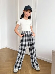 SHEIN Tween Girl Woven Plaid Loose Casual Pants