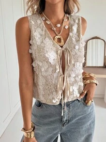 Siren Gaze 女士时尚亮片系带吊带背心，夏季 - 杏色 - 查看 5