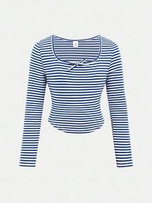 SHEIN Girlism 青少年女孩休闲日常修身 U 领长袖蓝白条纹蝴蝶结装饰针织 T 恤上衣和配套直筒宽裤 2 件套弹力针织条纹服装，舒适运动服套装