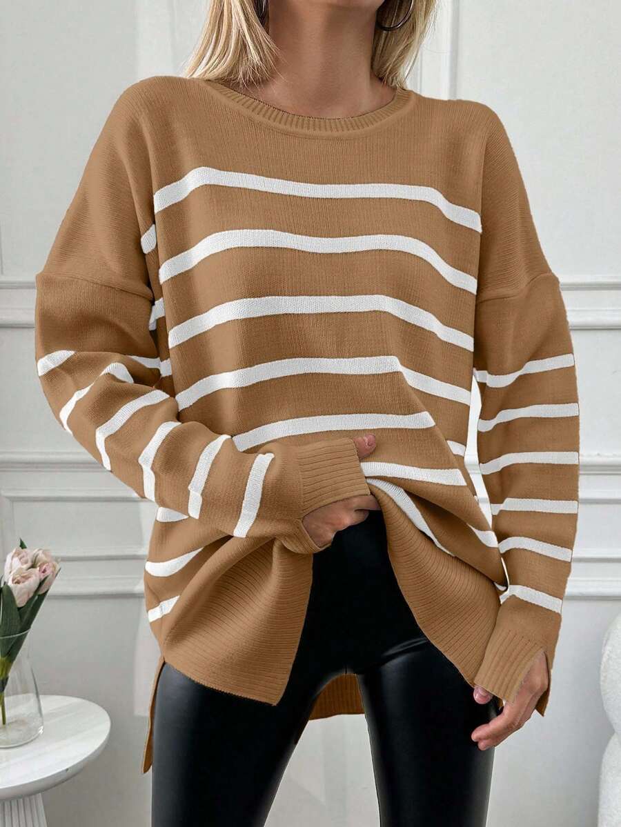 EURMUSE Women's Casual Striped Print Crew Neck Pullover Sweater,Jumper,Cream Jumper,Jumpers,Black Jumper,Womens Jumper,White Jumper,Women's Jumper,Women's Jumpers,Winter Clothes - Camel - View 1