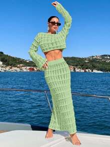 EURMUSE Women's Solid Color Long Sleeve Cropped Top And Hollow Out Jacquard Knit Mini Skirt 2 Pieces Set - Lime Green - View 3