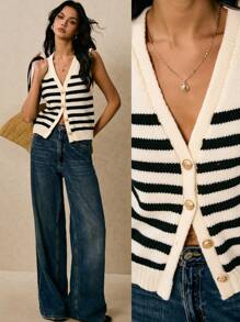 Poéselle 条纹纽扣前针织毛衣背心，女士无袖 V 领学院风上衣，条纹毛衣背心，女式针织背心，秋季，学院风上衣，沿海时尚，1 件女式条纹 V 领纽扣前针织背心上衣，时尚 - 黑與白 - 查看 1
