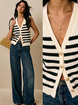 Poéselle 条纹纽扣前针织毛衣背心，女士无袖 V 领学院风上衣，条纹毛衣背心，女式针织背心，秋季，学院风上衣，沿海时尚，1 件女式条纹 V 领纽扣前针织背心上衣，时尚