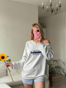 CovetEZ 浅灰色女士复古汽车印花露肩宽松休闲长袖运动衫 - 淺灰色 - 查看 2