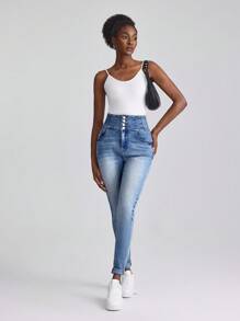 Slaydiva Calça Jeans Skinny de Cintura Alta Lavado Casual Feminino - Azul - Visão 5