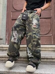 Manfinity EMRG 大码男士街头风格破洞迷彩印花宽松牛仔裤，Emo 风格 - 軍綠色 - 查看 3