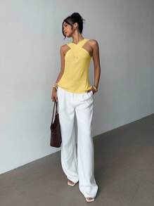 Elenzga 交叉领简约小众设计休闲针织上衣 - 黃色 - 查看 4