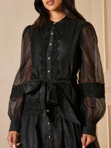 Lilora Váy maxi xếp nếp nhiều lớp ren đen trơn màu cổ điển lãng mạn thanh lịch có nút, thắt eo, nơ, tay áo đèn lồng cho tiệc tùng, mùa xuân/thu - màu đen - Xem 7