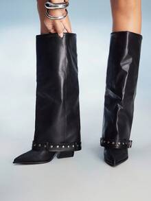 CUCCOO GRLICON 女式黑色拼布牛仔靴，尖头休闲靴 - 黑色 - 查看 5