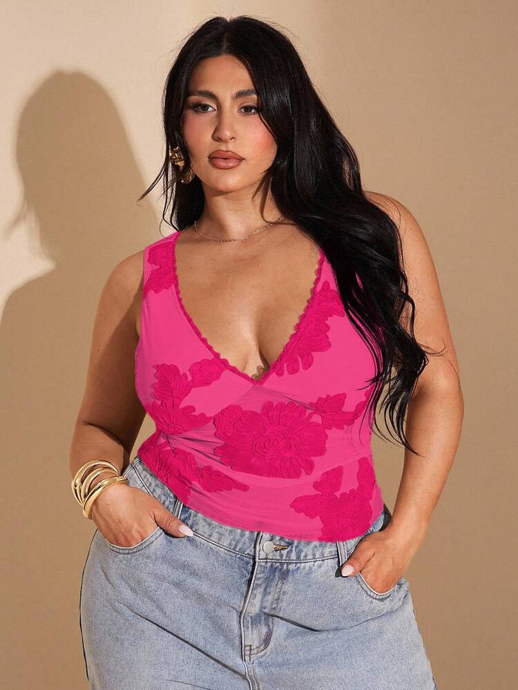 SHEIN BAE 大码女式优雅性感蕾丝花边 V 领无袖吊带背心，适合度假、日常约会、夜间外出、夜总会、派对、泳池派对、休闲度假、沙滩装 - 玫紅色 - 查看 2