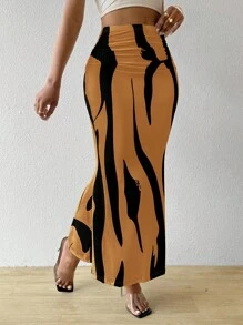 BamGleam Women's Printed Ruched Waist Mermaid Maxi Skirt Fall Cloth For Women - Ginger - View 5