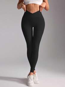 SHEIN Sports Women's Casual Solid Color High Waist Sports Leggings - Black - View 4