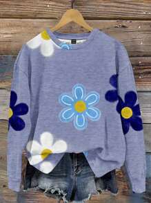 SHEIN LUNE 休闲可爱碎花图案圆领宽松女式卫衣，适合秋冬季节，休闲百搭 - 彩色 - 查看 4